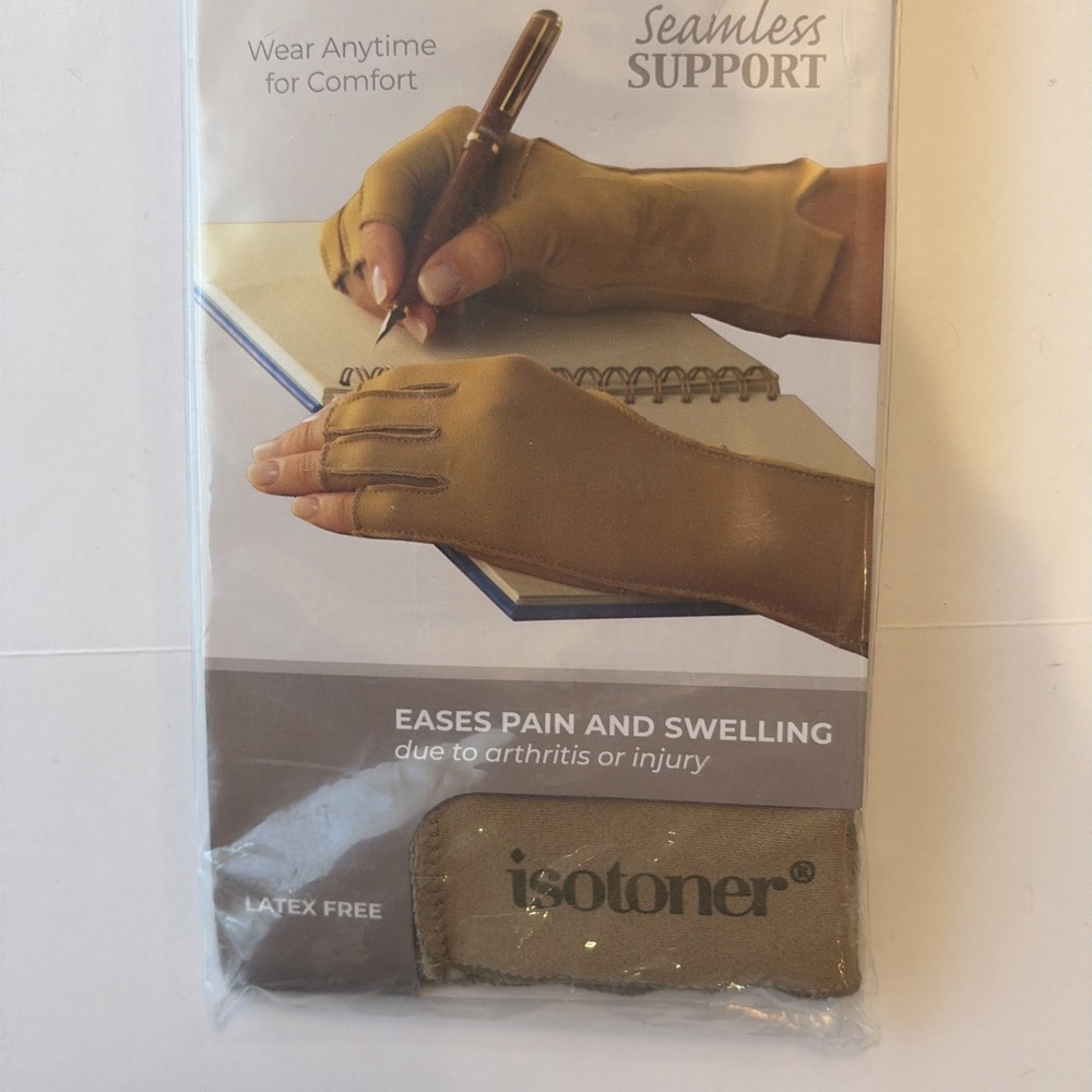 Isotoner Therapeutic Gloves Open Finger Camel Size Large Compression Pain Relief - Picture 3 of 7